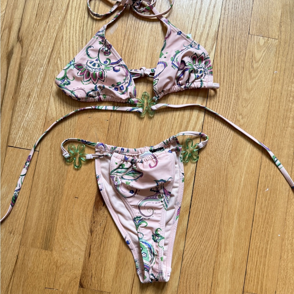 Nasty Gal Pink Paisley Floral String Bikini with Green Flower Accents